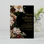 Dark Moody Magnolia Script Floral Weduwen Gold Folie Uitnodiging (Staand Voorkant)
