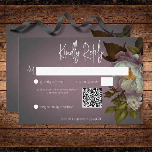 Dark Moody Mauve Bloemen Moderne Bruiloft QR Code RSVP Kaartje
