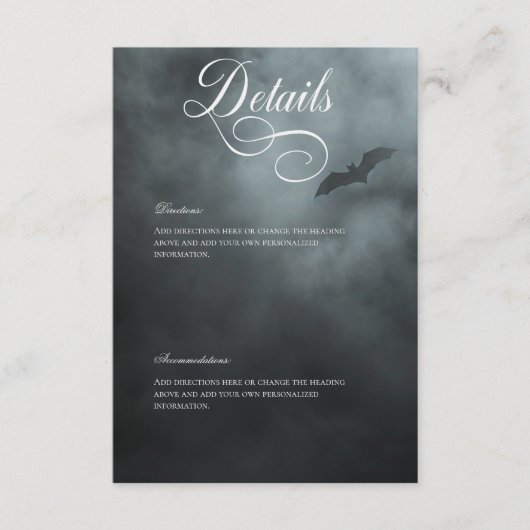 Dark Moody Midnight Bat & Fog bruiloft Details Informatiekaartje (Voorkant)