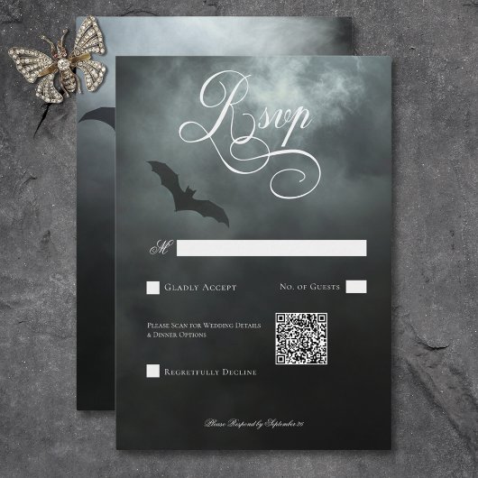 Dark Moody Midnight Bat & Fog Bruiloft QR Code RSVP Kaartje