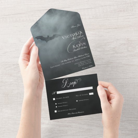 Dark Moody Midnight Bat & Fog Dinner Bruiloft All In One Uitnodiging (Afscheurbaar)
