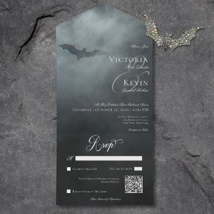 Dark Moody Midnight Bat & Fog QR Code Bruiloft All In One Uitnodiging