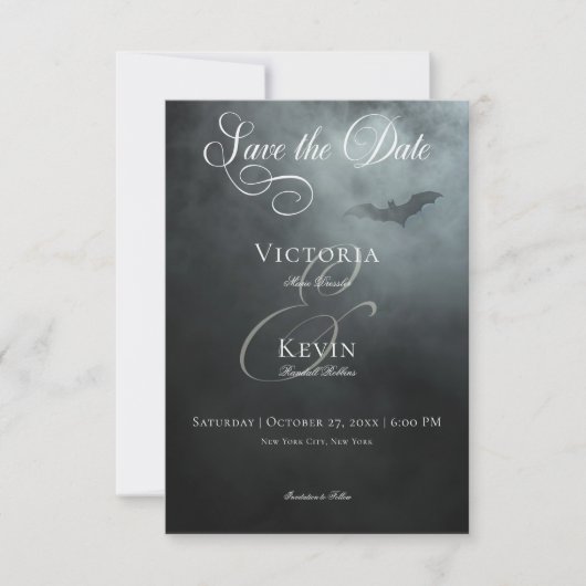 Dark Moody Midnight Bat & Mist Bruiloft Save The Date (Voorkant)