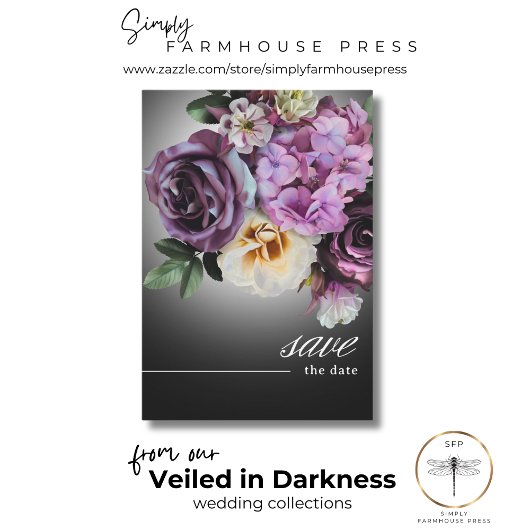 Dark Moody Midnight Paarse Bloemen Romance bruilof Save The Date
