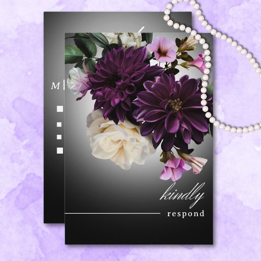 Dark Moody Midnight Paarse Bloemen Romance Diner RSVP Kaartje
