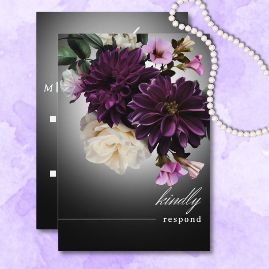 Dark Moody Midnight Paarse Bloemen Romance QR Code RSVP Kaartje