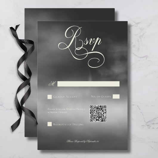 Dark Moody Midnight Zwart Mist Bruiloft QR Code RSVP Kaartje