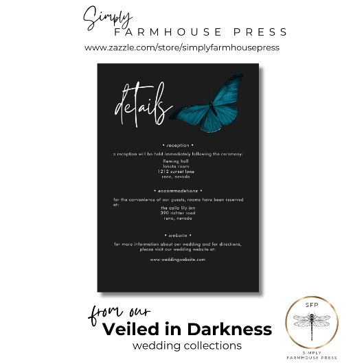 Dark Moody minimale Blauwgroen mot bruiloft detail Informatiekaartje