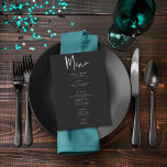Dark Moody minimale Blauwgroen mot bruiloft Menu<br><div class="desc">Dit ontwerp van het huwelijksmenu heeft een donker, humeurig thema dat eenvoudig is, maar toch prachtig. Een donkere zwarte achtergrond van houtskool is het perfecte canvas voor uw huwelijksmaaltijd. Op de achterkant staat een enkele blauwgroen blauwe mot, de vleugels zijn verspreid voor de vlucht, samen met de voornamen van het...</div>