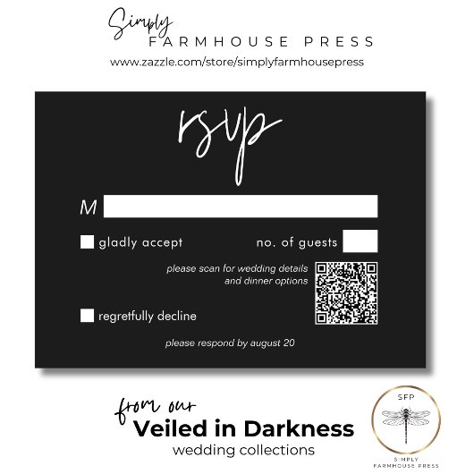 Dark Moody minimale bruiloft QR-code RSVP Kaartje