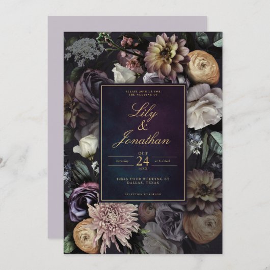Dark Moody Night Paarse Lavender Floral Wedding Kaart (Voorkant / Achterkant)