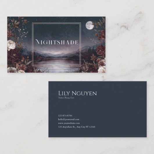 Dark Moody Night Sky Full Moon Botanical Lake Visitekaartje (Voorkant / Achterkant)