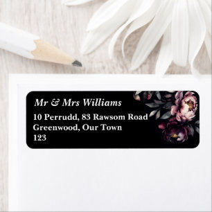 Dark moody noir elegante bordeaux pioenrozen sjabl etiket