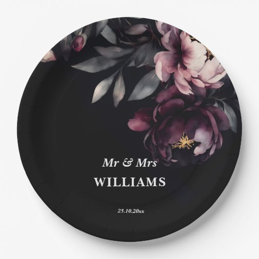 Dark moody noir elegante bordeaux pioenrozen sjabl papieren bordje (Voorkant)