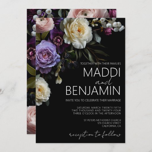 Dark Moody Paarse Bloemen bruiloft uitnodiging (Voorkant / Achterkant)
