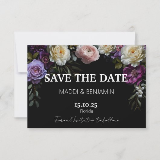 Dark Moody Paarse Bloemen Save the Date Kaart (Voorkant)