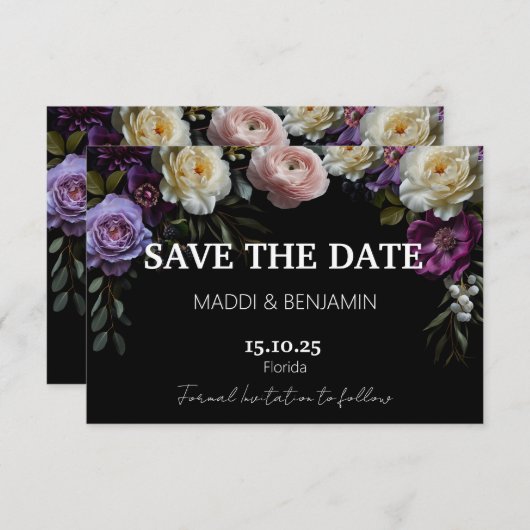 Dark Moody Paarse Bloemen Save the Date Kaart (Voorkant / Achterkant)