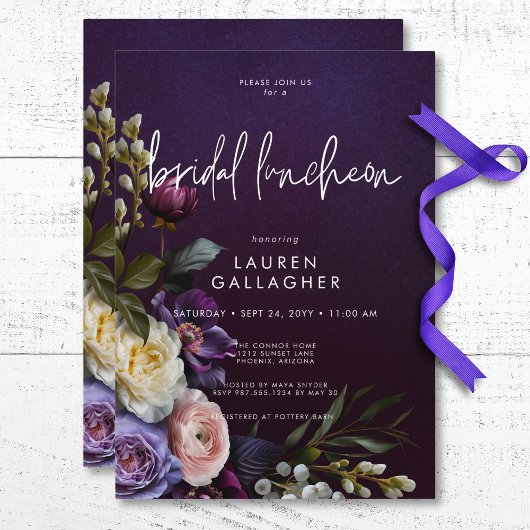 Dark Moody Paarse & Cream Bloemen Bruids Luncheon Kaart