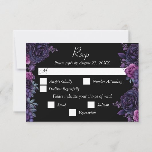 Dark Moody Paarse Gotische Bloemen Bruiloft RSVP K (Voorkant)