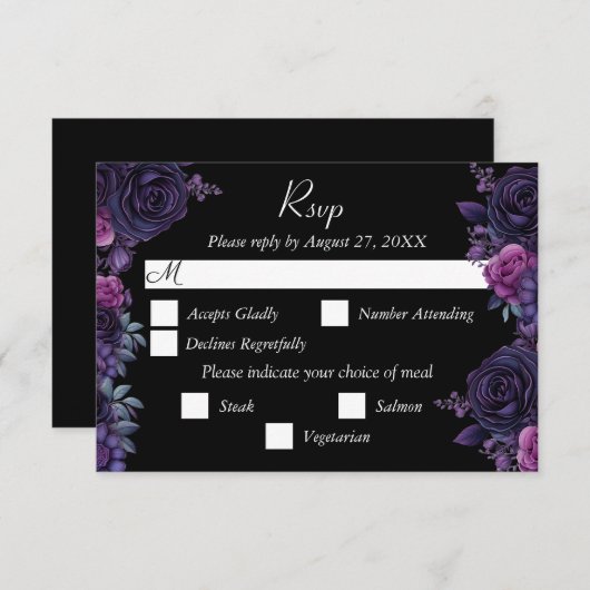 Dark Moody Paarse Gotische Bloemen Bruiloft RSVP K (Voorkant / Achterkant)