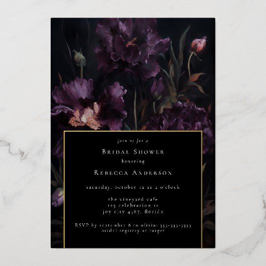 Dark Moody Paarse Gotische Bloemen Vrijgezellenfee Folie Uitnodiging (Voorkant)