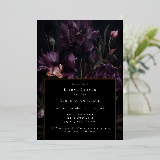 Dark Moody Paarse Gotische Bloemen Vrijgezellenfee Folie Uitnodiging (Staand Voorkant)