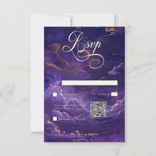 Dark Moody Paarse & Gouden Moonlit Wolken QR Code RSVP Kaartje (Voorkant)