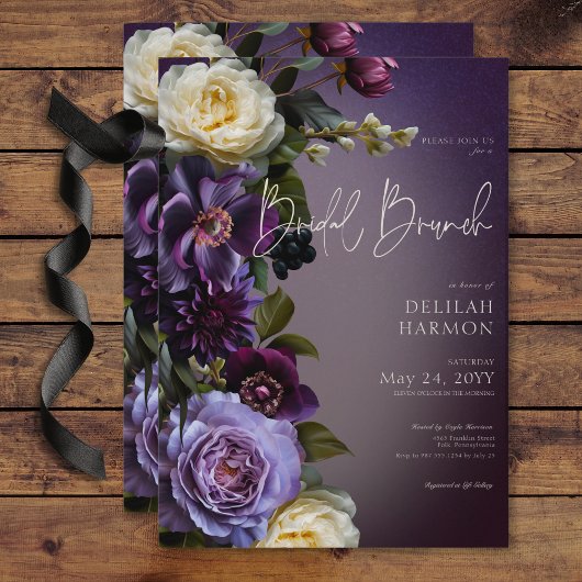 Dark Moody Paarse & Lavendel Bloemen Bruidsbrunch Kaart