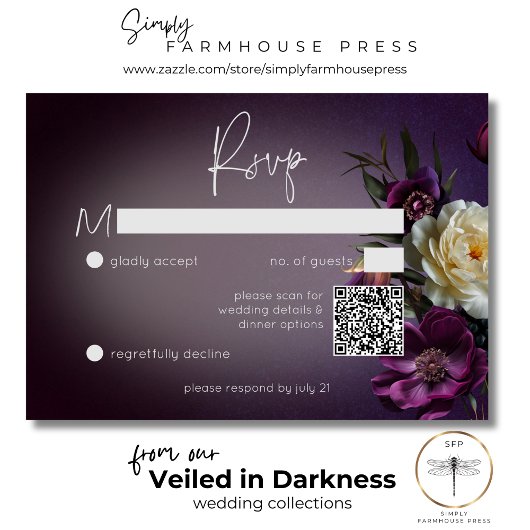 Dark Moody Paarse Lavendel Bloemen Modern QR Code RSVP Kaartje