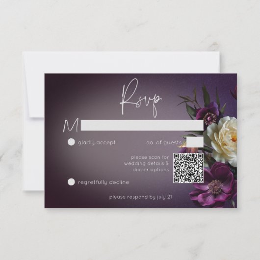 Dark Moody Paarse Lavendel Bloemen Modern QR Code RSVP Kaartje (Voorkant)