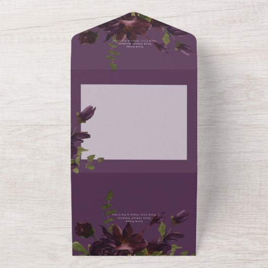 Dark Moody Paarse Waterverf Bloemen QR Code All In One Uitnodiging (Buitenkant)