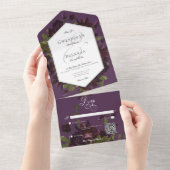 Dark Moody Paarse Waterverf Bloemen QR Code All In One Uitnodiging (Afscheurbaar)