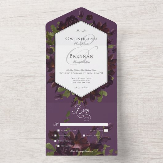 Dark Moody Paarse Waterverf Bloemendiner All In One Uitnodiging (Binnen)