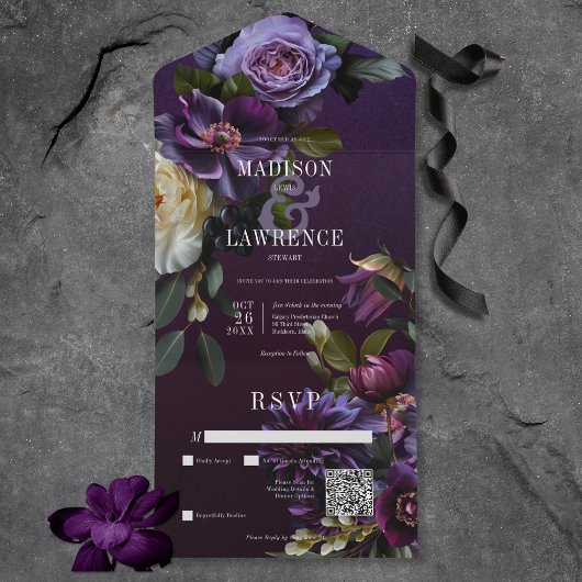 Dark Moody Paarse & Witte Bloemen QR Code All In One Uitnodiging