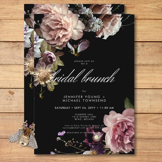 Dark Moody Pastel Opulent Bloemen Bruids Brunch Kaart