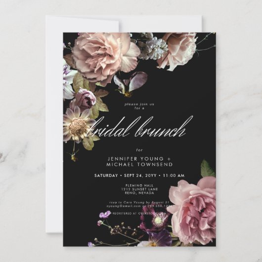Dark Moody Pastel Opulent Bloemen Bruids Brunch Kaart (Voorkant)