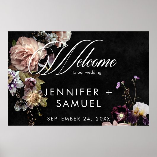 Dark Moody Pastel Opulent Bloemen Huwelijk Welkom Poster (Voorkant)