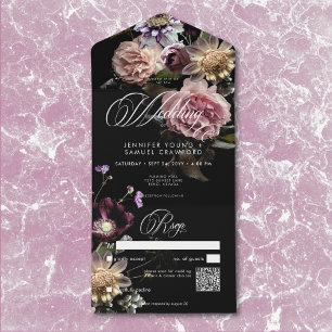 Dark Moody Pastel Opulent Bloemen Zwart QR-code All In One Uitnodiging