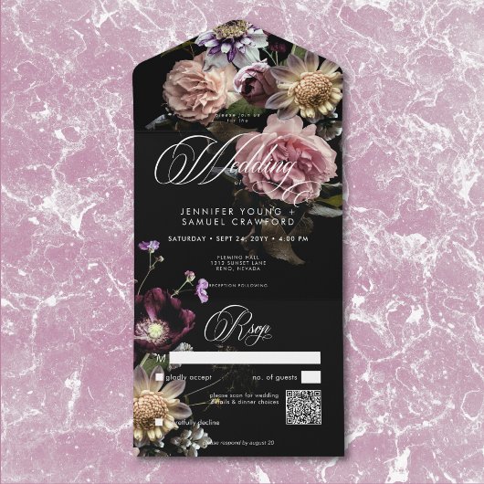 Dark Moody Pastel Opulent Bloemen Zwart QR-code All In One Uitnodiging