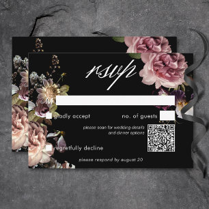 Dark Moody Pastel Opulent Bloemen Zwart QR-code RSVP Kaartje