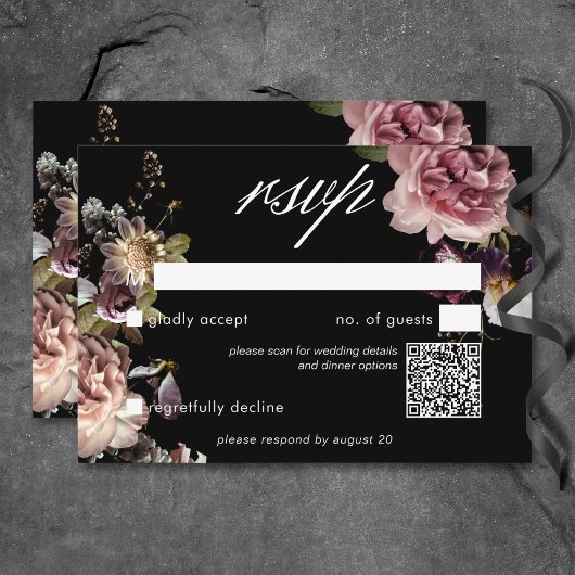 Dark Moody Pastel Opulent Bloemen Zwart QR-code RSVP Kaartje