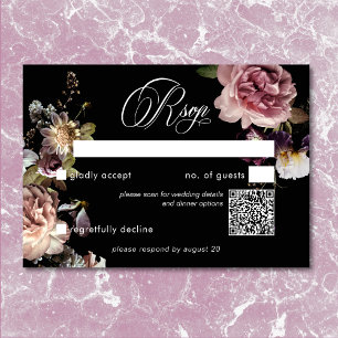 Dark Moody Pastel Opulent Bloemen Zwart QR-code RSVP Kaartje