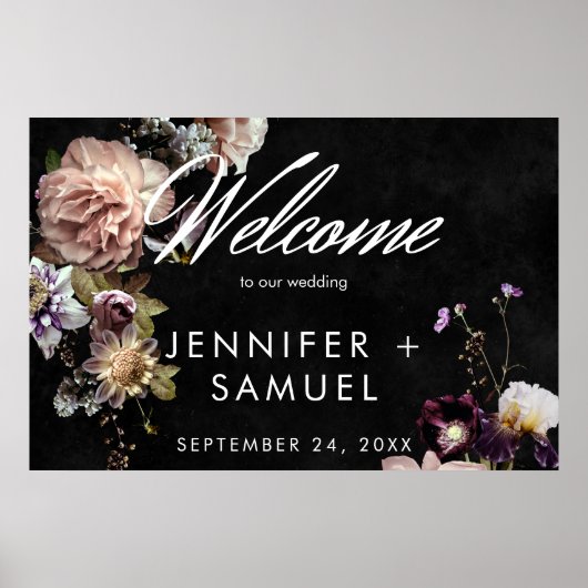 Dark Moody Pastel Opulent Bloemen Zwart Welkom Poster (Voorkant)