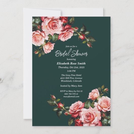Dark moody pink and red roses green bridal shower kaart (Voorkant)