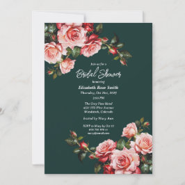Dark moody pink and red roses green bridal shower kaart
