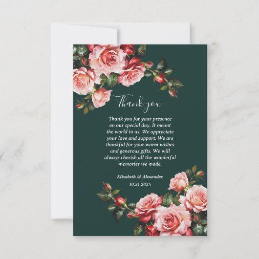 Dark moody pink and red roses green wedding bedankkaart (Voorkant)