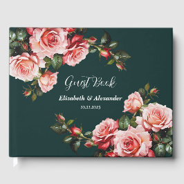 Dark moody pink and red roses green wedding gastenboek