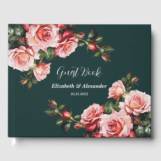 Dark moody pink and red roses green wedding gastenboek (Voorkant)