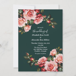 Dark moody pink and red roses green wedding kaart
