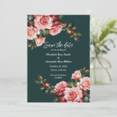 Dark moody pink and red roses green wedding save the date (Staand voorkant)